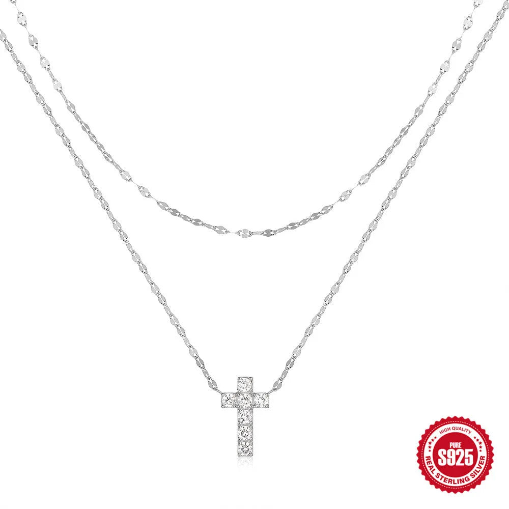 S925 sterling silver double layer cross pendant necklace with diamond treatment in gold colour
