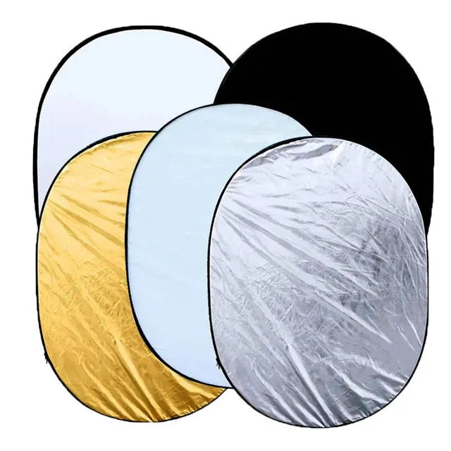 5-in-1 collapsible photography light reflector with gold, silver, white, black, and translucent surfaces