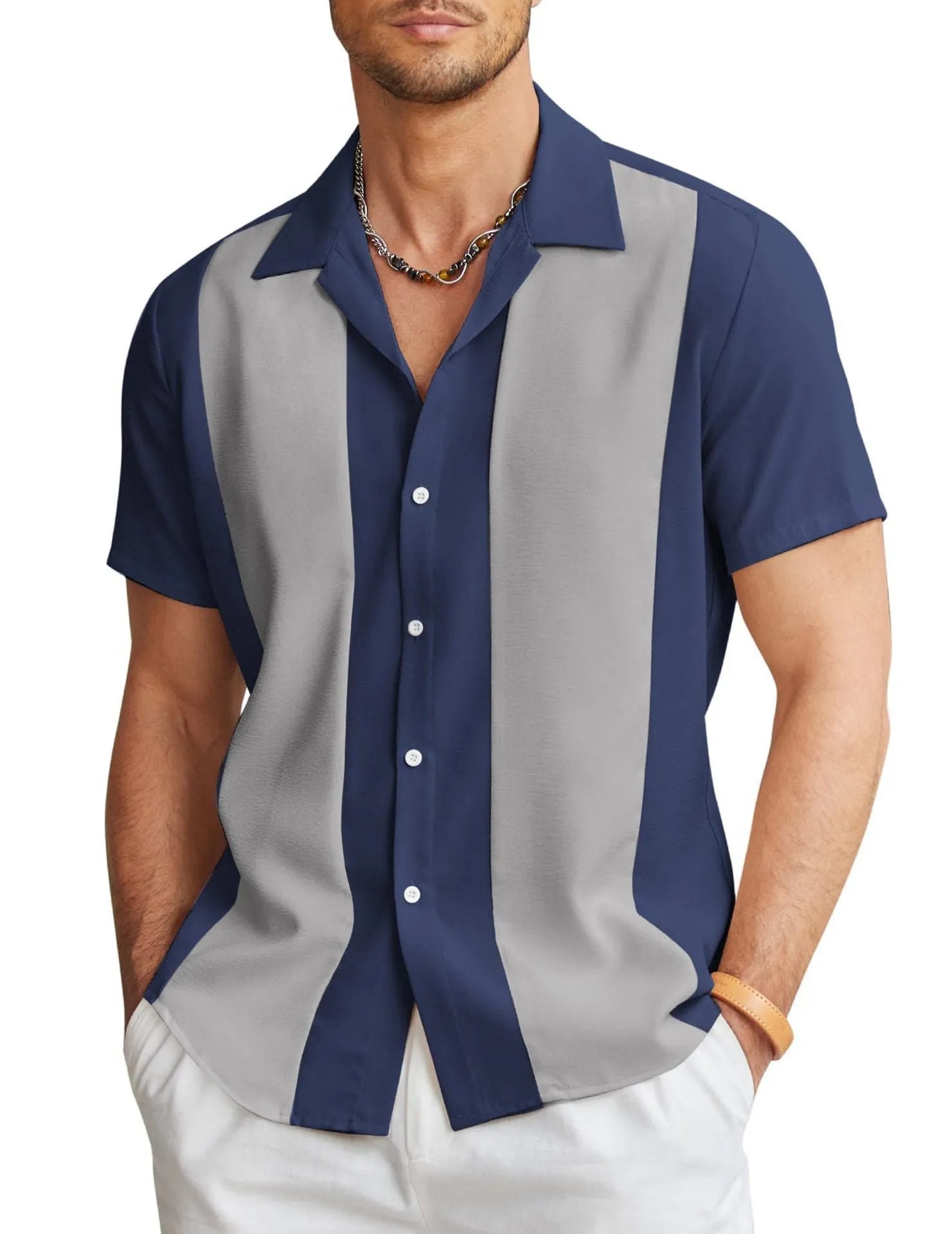 Men's slim fit Hawaiian short sleeve shirt in a digitally printed pattern.