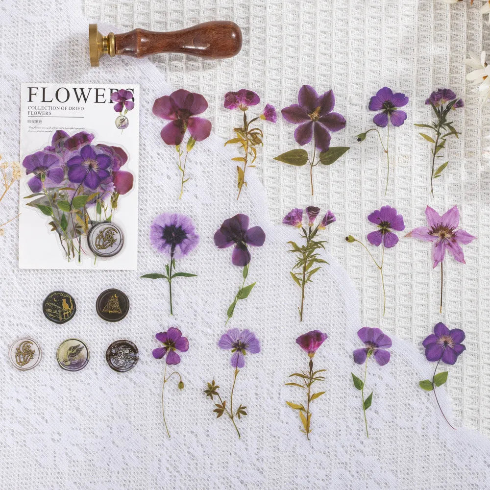 Set of dried flower journal decoration stickers in 8 styles including Dark Night Purple and rose nebula designs