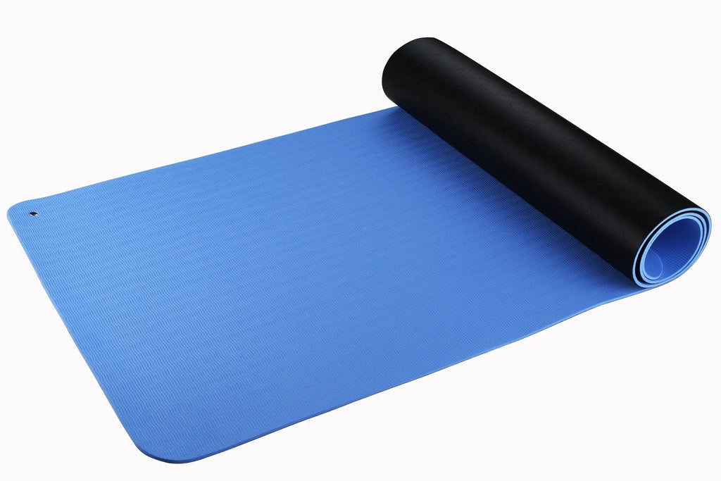 Blue conductive yoga mat with plants pattern and grounding wire, dimensions 182x61cm.