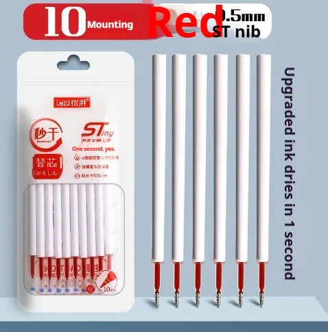 Pack of 10 quick-drying push bullet pen refills in black, red, blue, and ink blue colours.