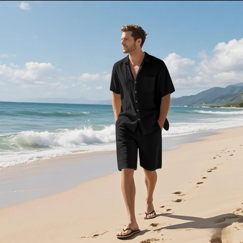 Linen and hemp blend short sleeve beach suit in light blue with matching shorts.