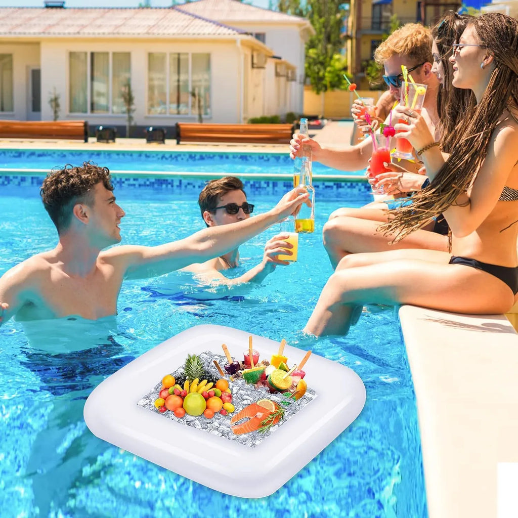 Inflatable ice bar party set with PVC construction showing multiple components including ice bars, cup holders, and beer steins ice bucket