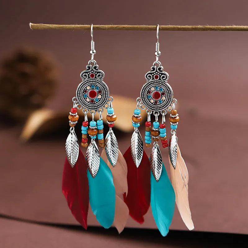 Round drop feather earrings with leaf pattern in Bohemian style, electroplated alloy in various colour options