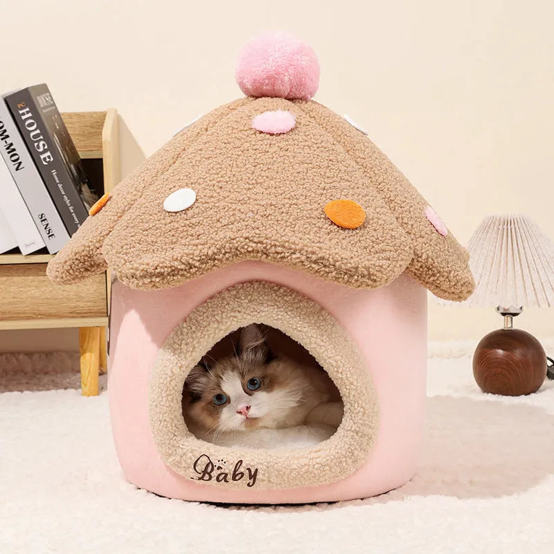 Removable mushroom house cat nest pet bed cloth in pink card upgrade M size 39cm