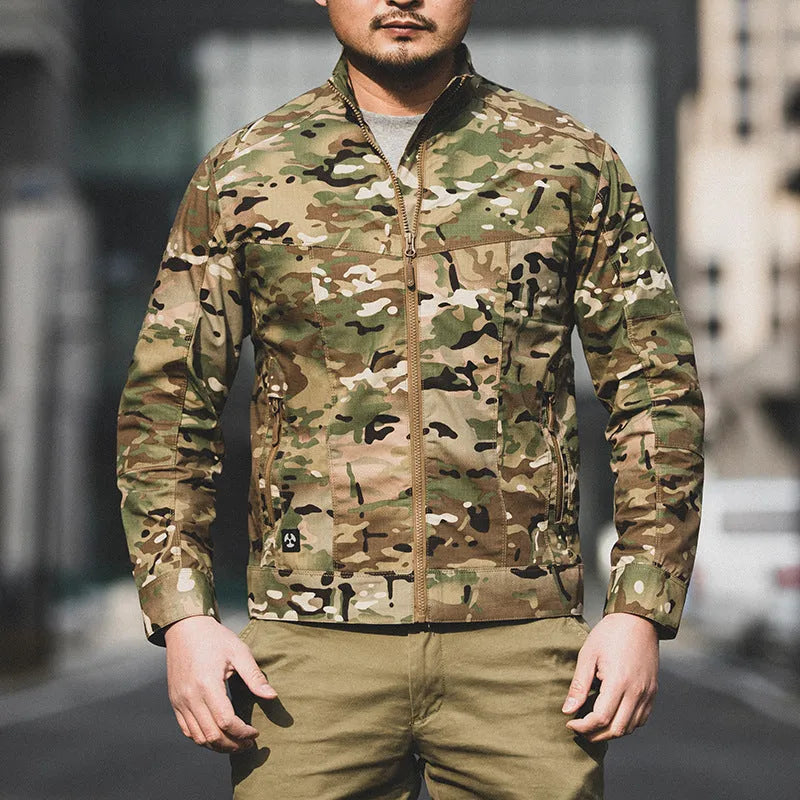 Men's brown polyester tactics assault jacket with camouflage pockets on a mannequin.