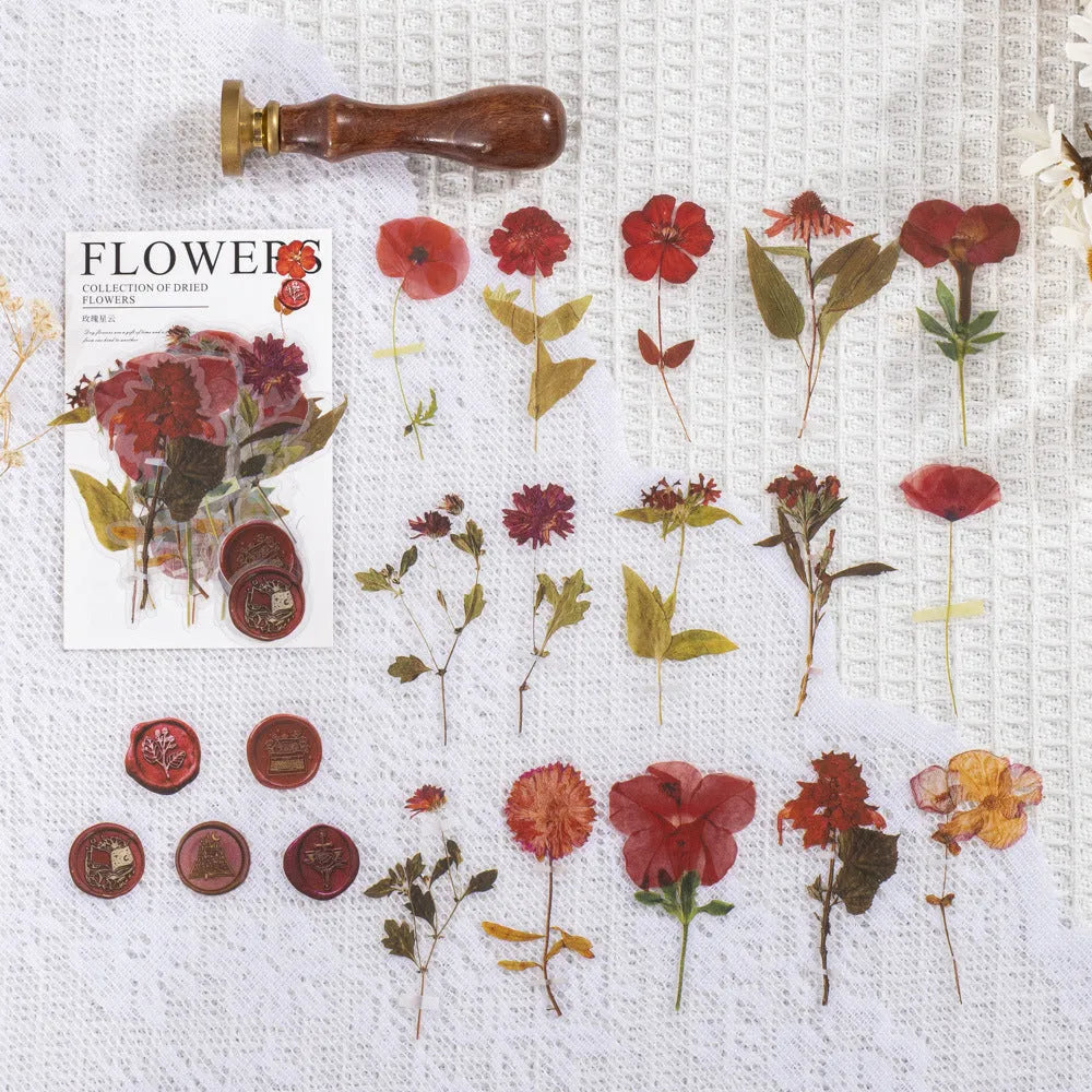 Set of dried flower journal decoration stickers in 8 styles including Dark Night Purple and rose nebula designs