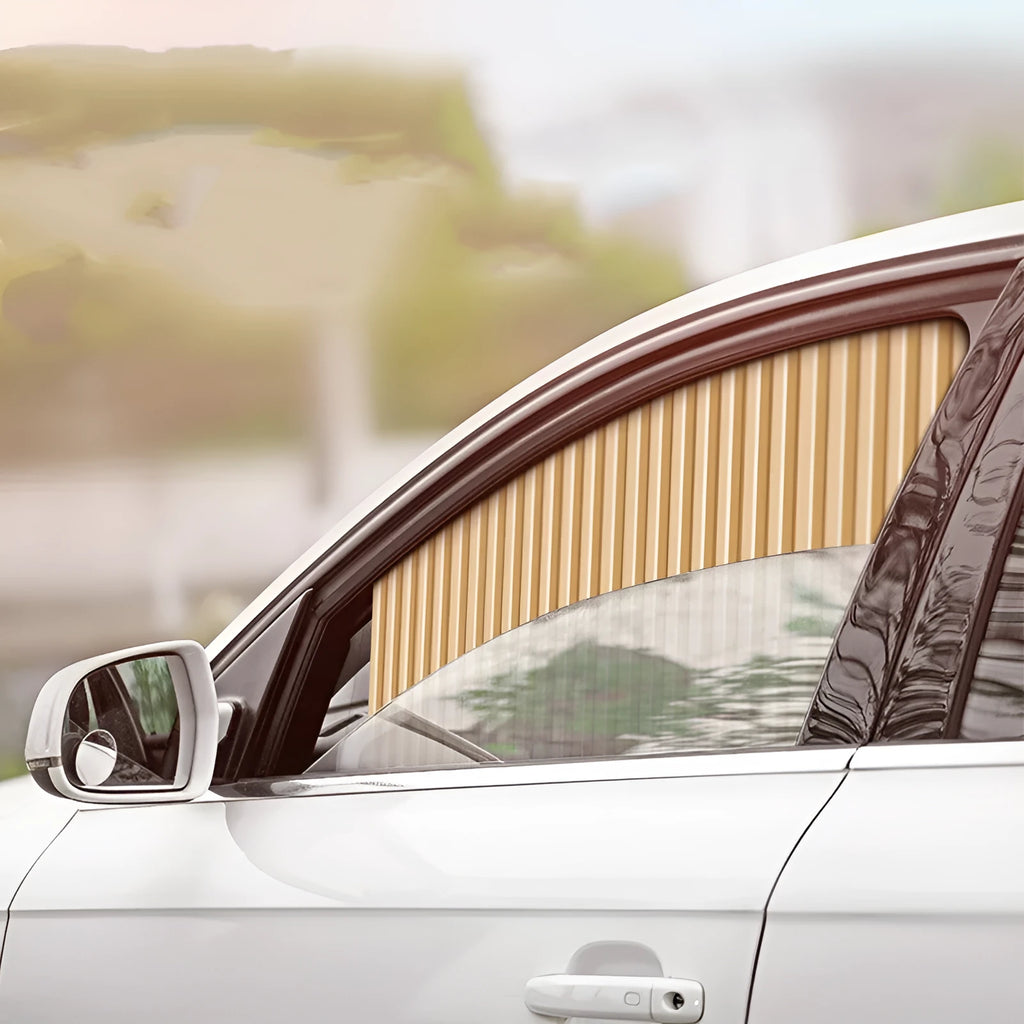 Auto retractable car sun curtain in thick opaque cloth material deployed on vehicle window