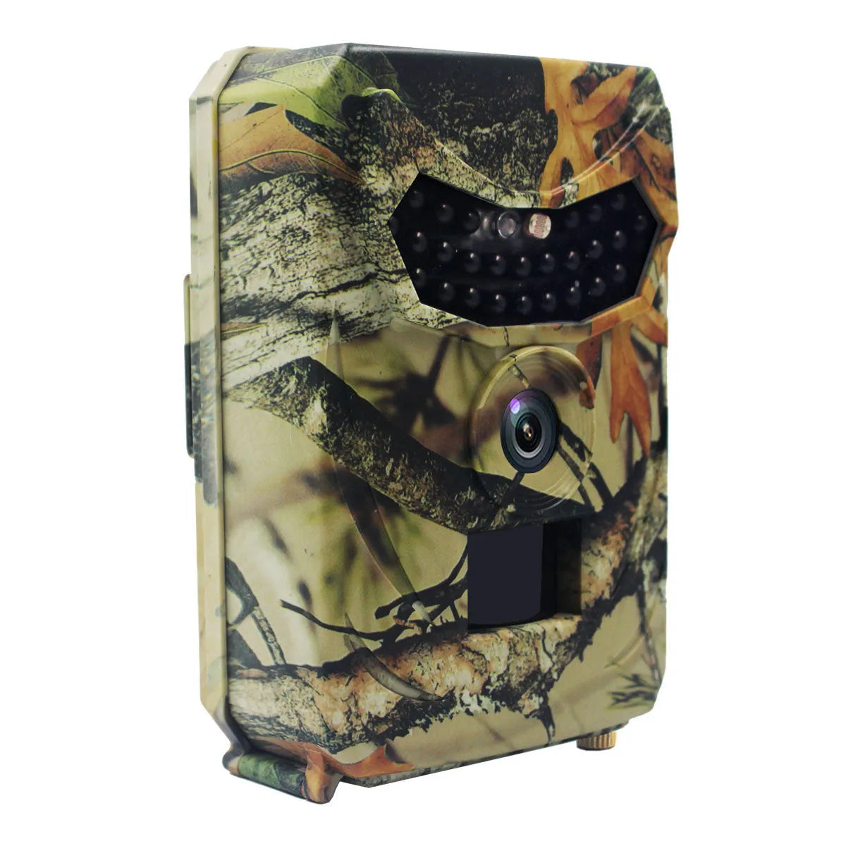 Yellow brown plastic 16MP infrared hunting scouting camera showing lens and display.