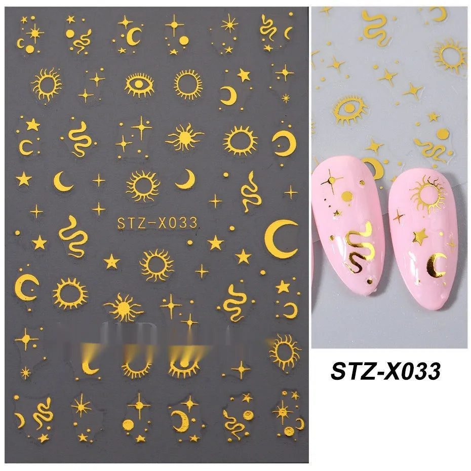 Close-up of a cartoon-style nail sticker with black and silver strips and a love pattern design on a fingernail.