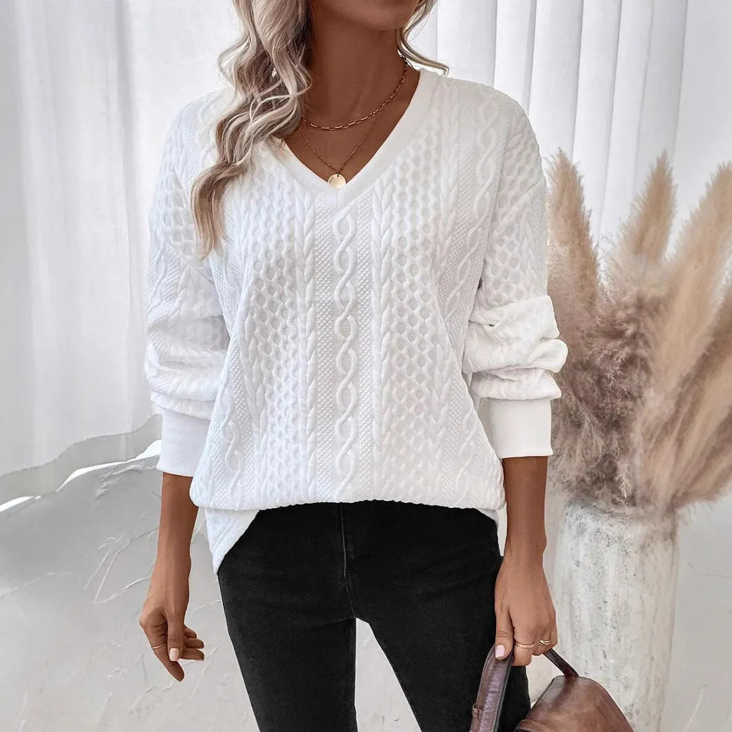 Milky white loose long sleeve t-shirt with 3D pattern, Japanese Korean casual style