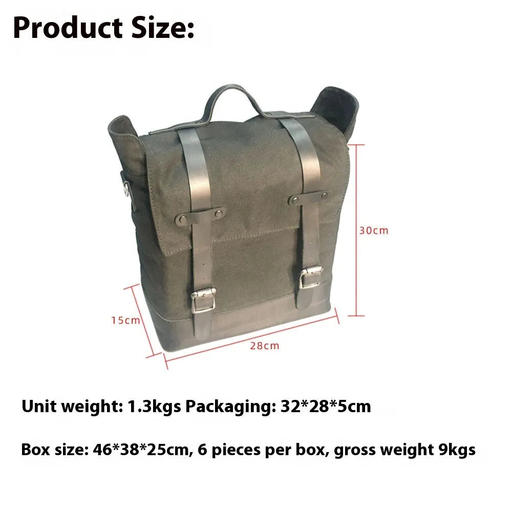 Waterproof canvas motorcycle side bag with cowhide reinforcement in black colour