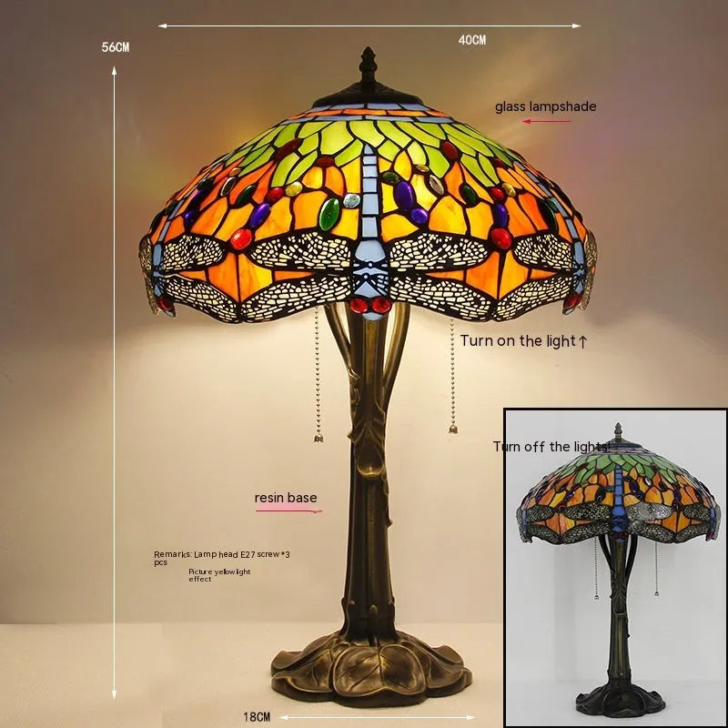 Stone table lamp with Tiffany-style dragonfly decoration in European design
