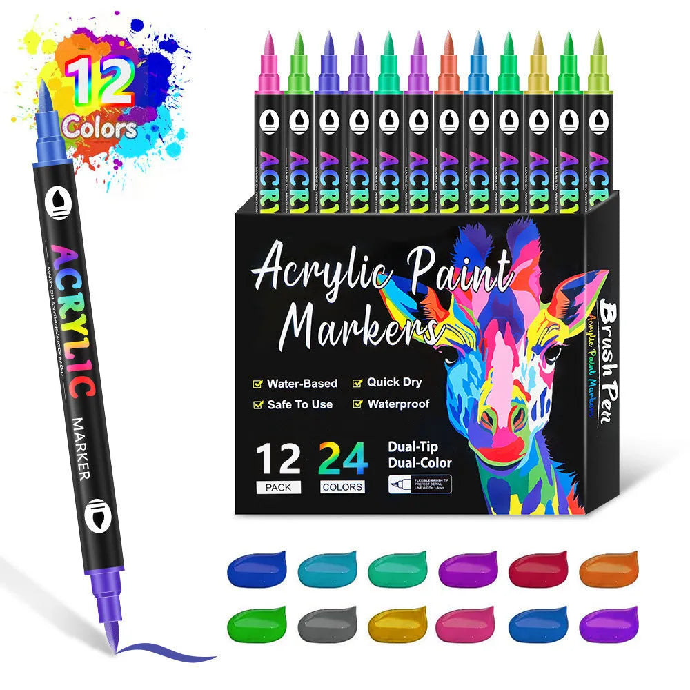 Set of double-ended acrylic marker pens with washable opaque ink, showing various colours.
