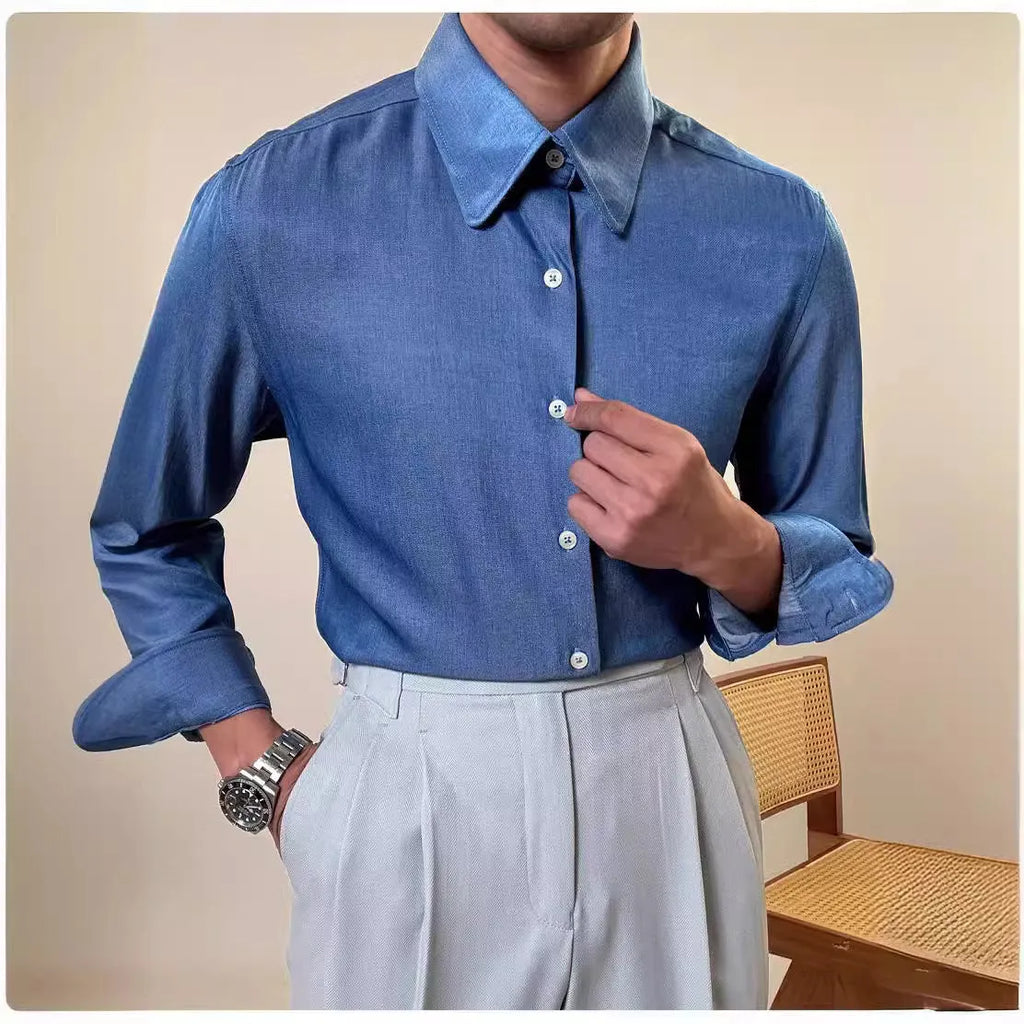 Men's blue long sleeve shirt with round collar and slim fit design