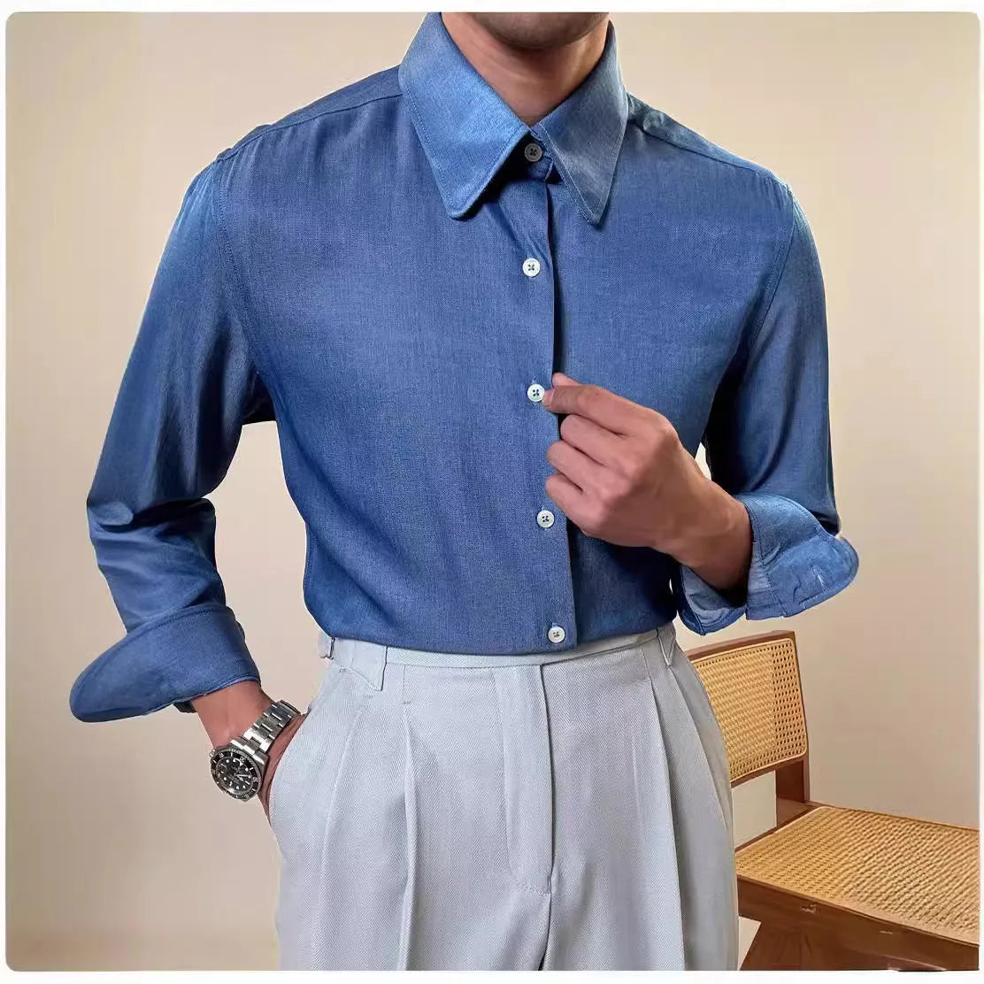 Men's blue long sleeve shirt with round collar and slim fit design