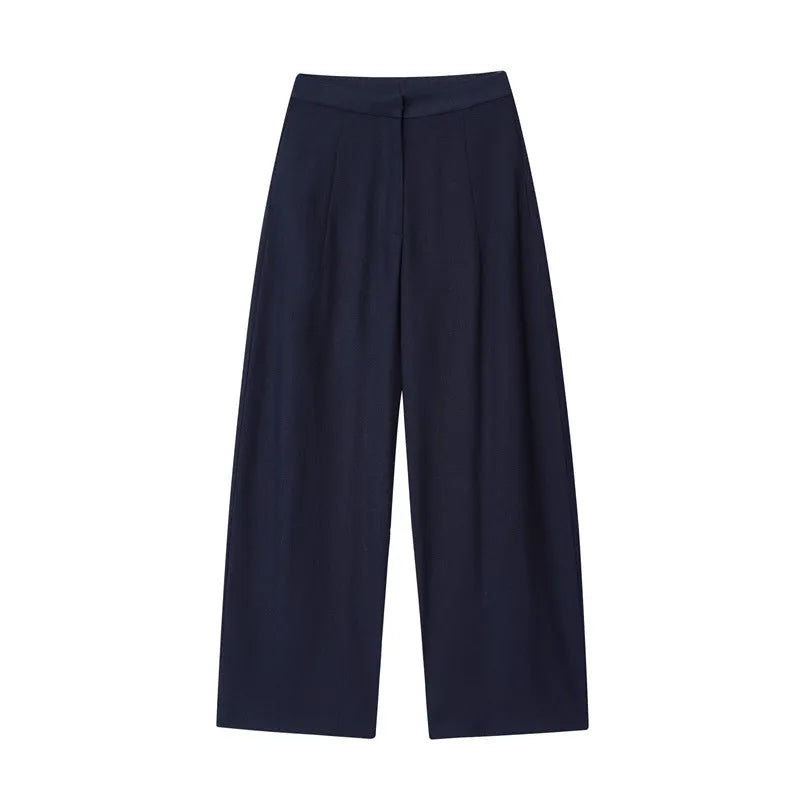 Women's linen blend off-neck shirt with flounced sleeves and wide leg trousers suit set.
