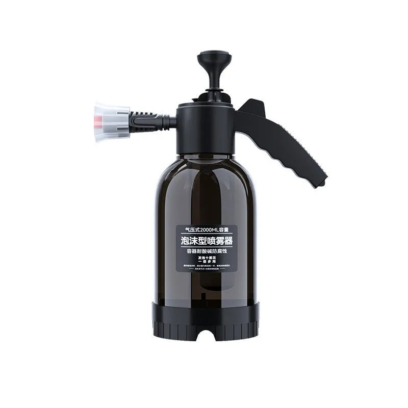 Black hand-held foam sprayer with 2 litre capacity for garden watering and car washing