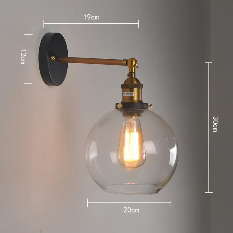 Retro round ball glass wall lamp with 20cm diameter and aluminium holder