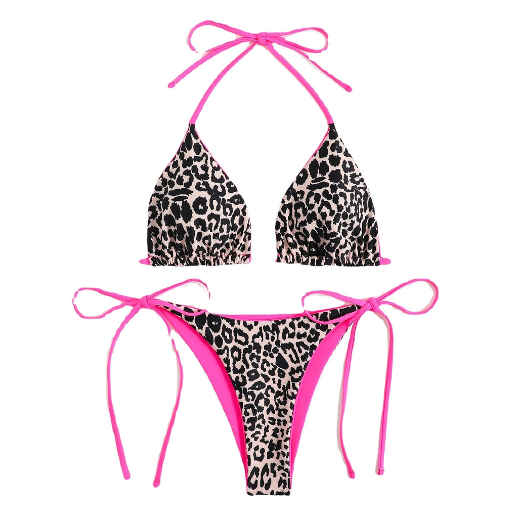 Women's lace-up triangle bikini top with matching split-leg bottoms in a colour style.