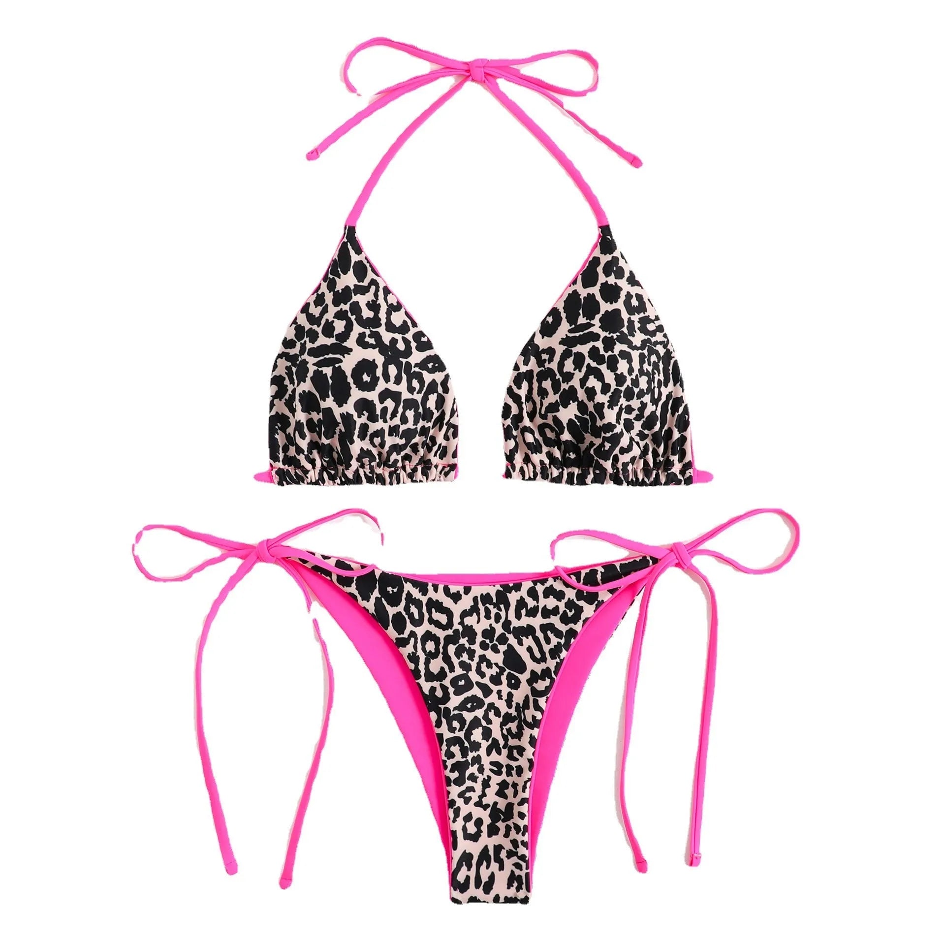 Women's lace-up triangle bikini top with matching split-leg bottoms in a colour style.