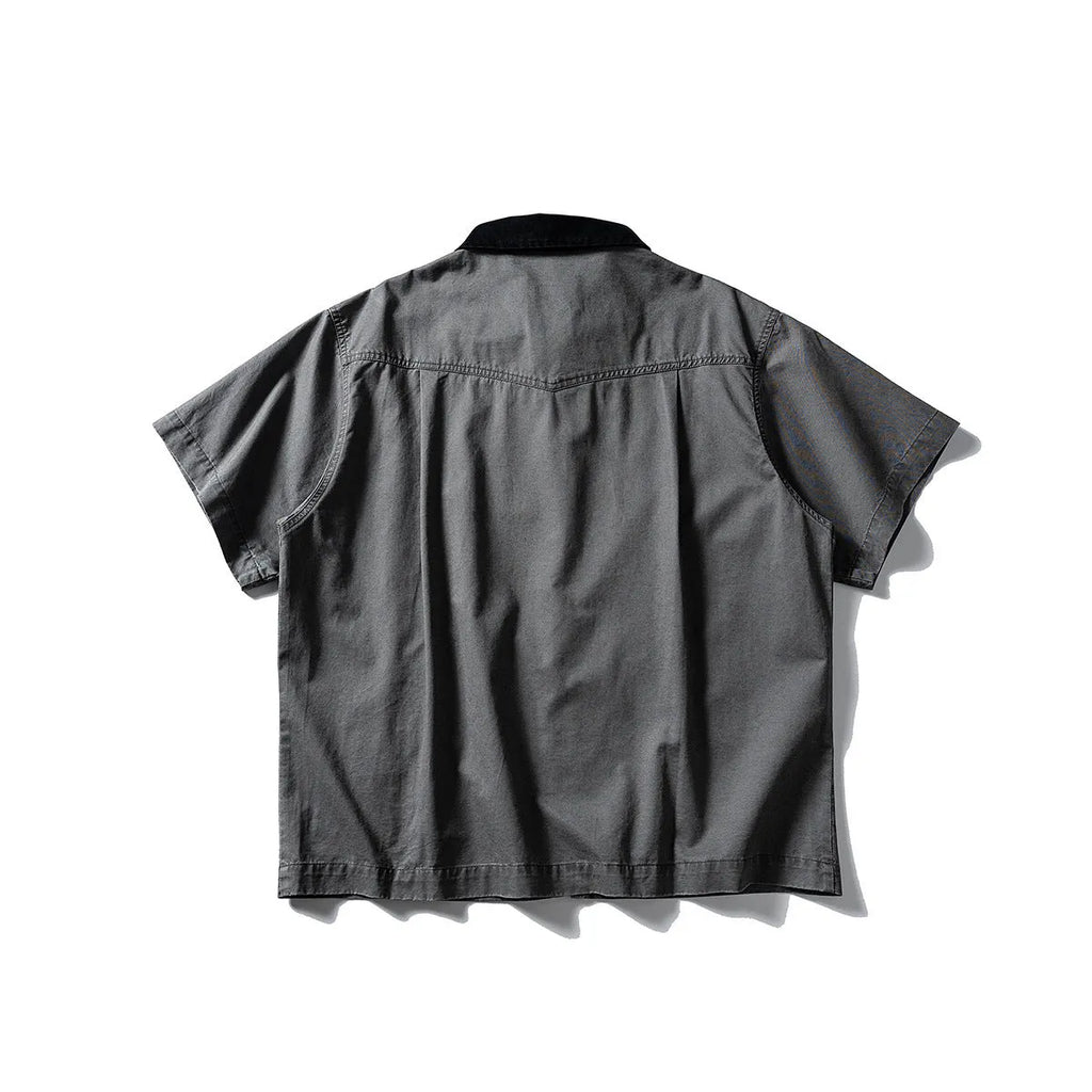 Men's washed overalls shirt with short sleeves in khaki and grey colour options