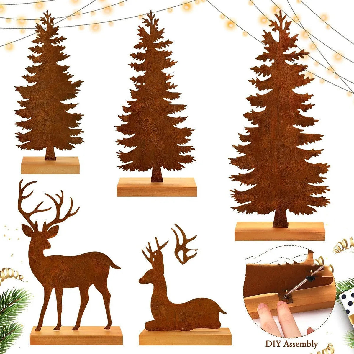 Three rustic metal Christmas tree ornaments with elk motifs in aged metallic finish