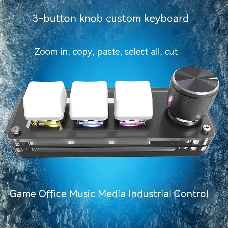 Black custom keypad with RGB backlit keys for copy and paste functions on a desk