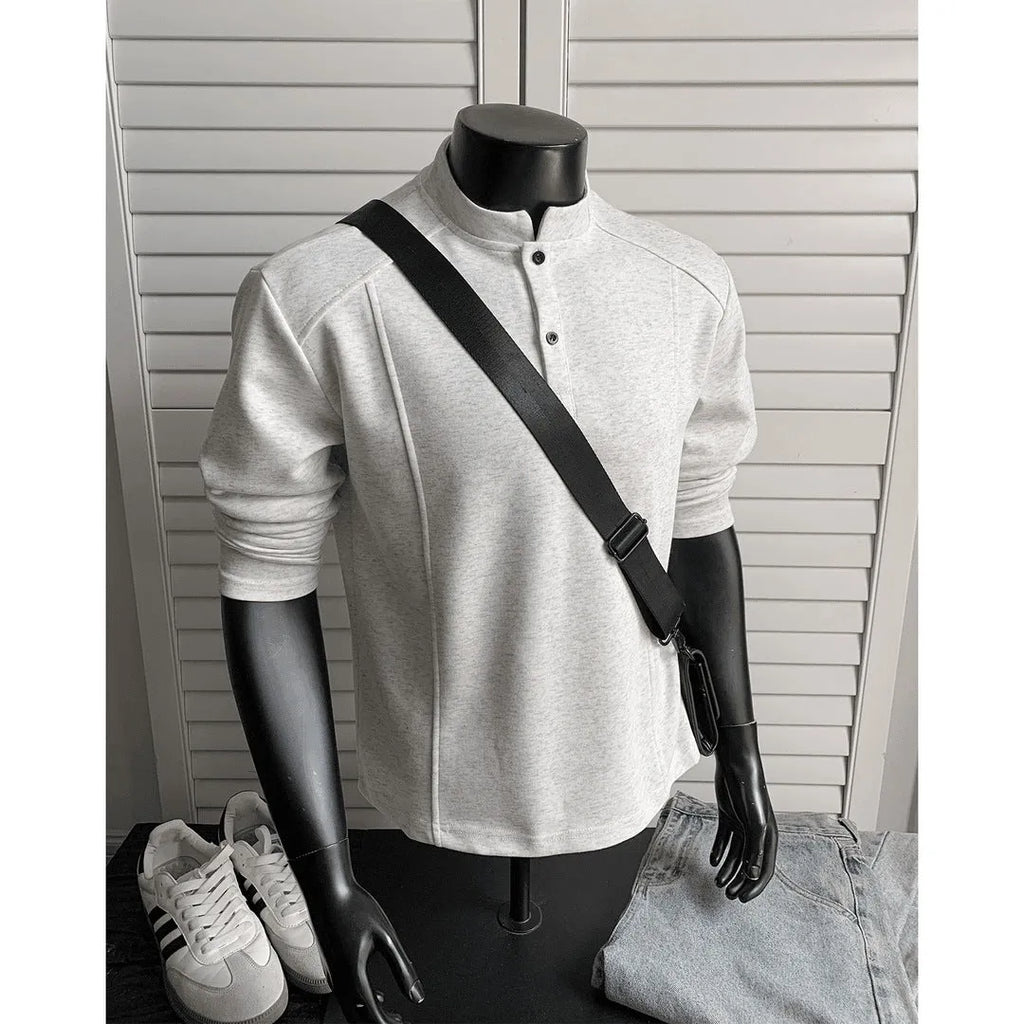 Men's patchwork shoulder polo shirt with stand-up collar in loose fit