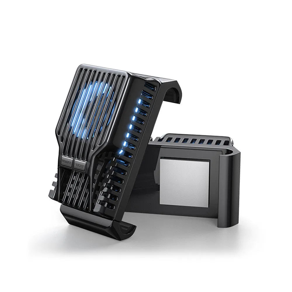 Black mobile phone radiator with ceramic cooling panel attached to smartphone