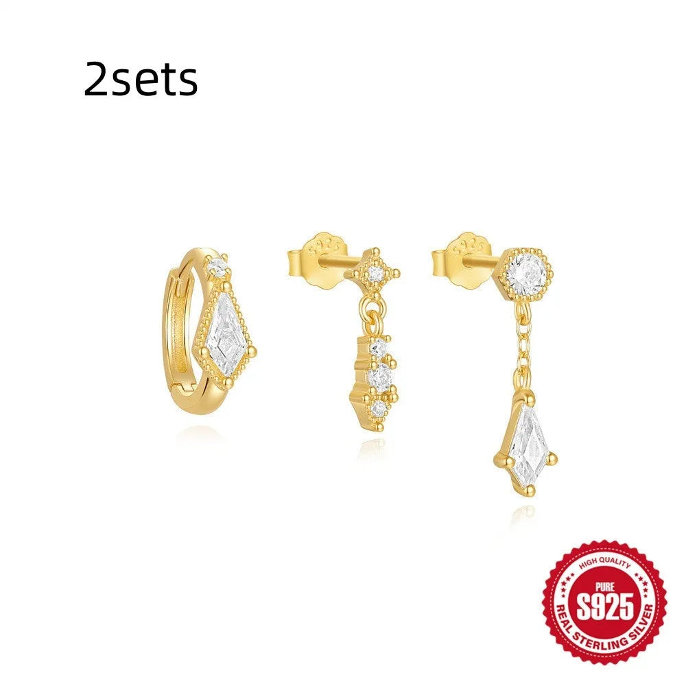 Three pairs of geometric zircon stud earrings in gold tones made from S925 sterling silver