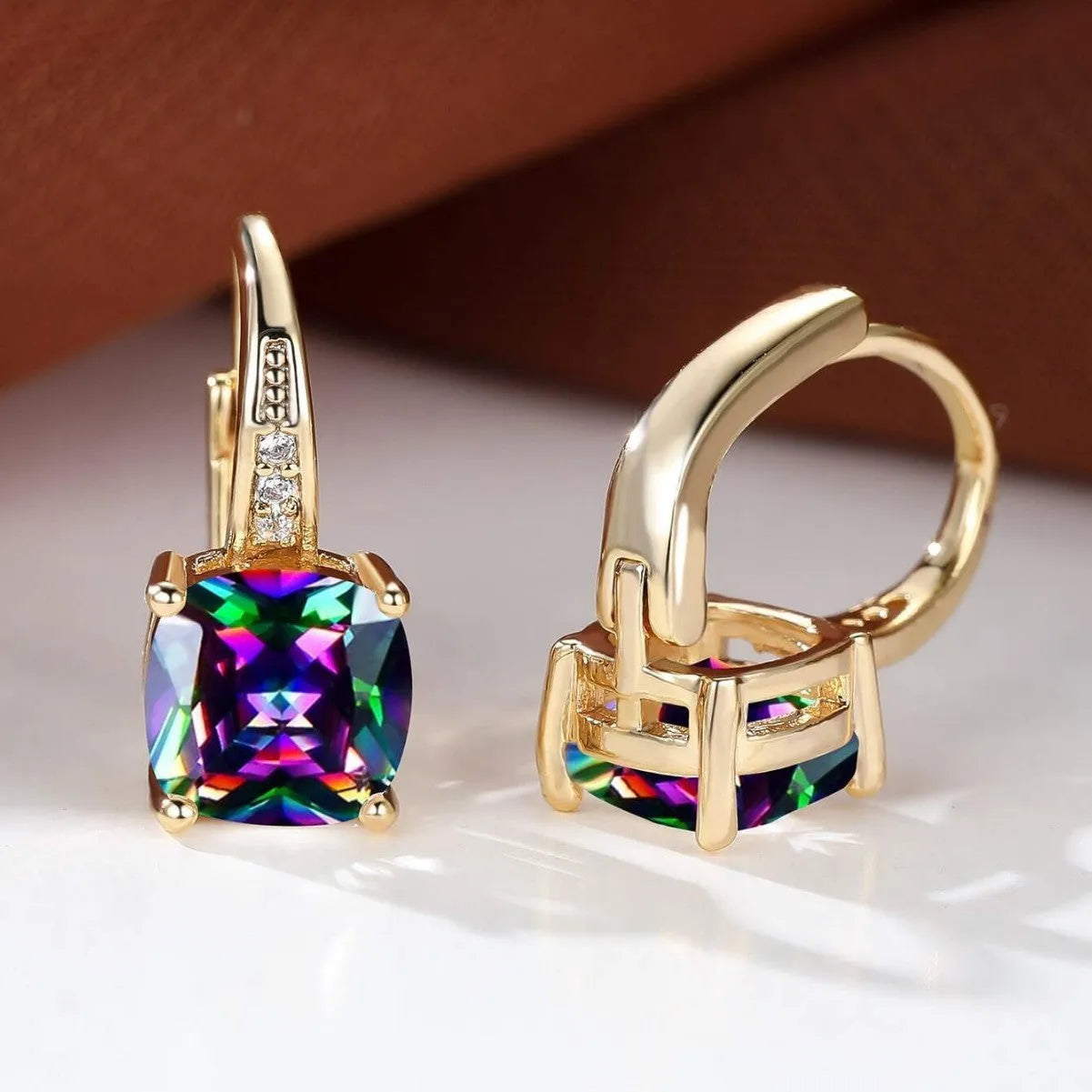 Square geometric ear clip earrings with colourful moissanite inlays and electroplated gold finish