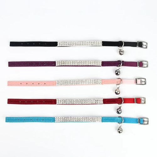 Velvet cat collar with rhinestones, shown in red colour, adjustable from 20 to 30 cm.