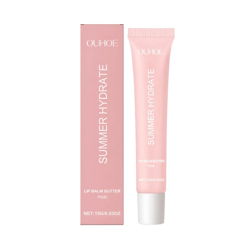 Pink tinted lip balm stick with shea butter and natural oils for lip hydration