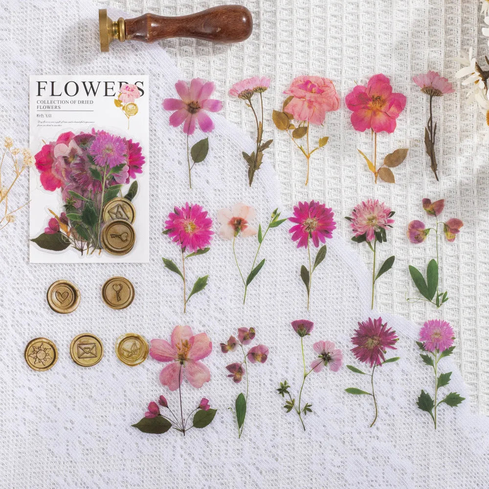 Set of dried flower journal decoration stickers in 8 styles including Dark Night Purple and rose nebula designs