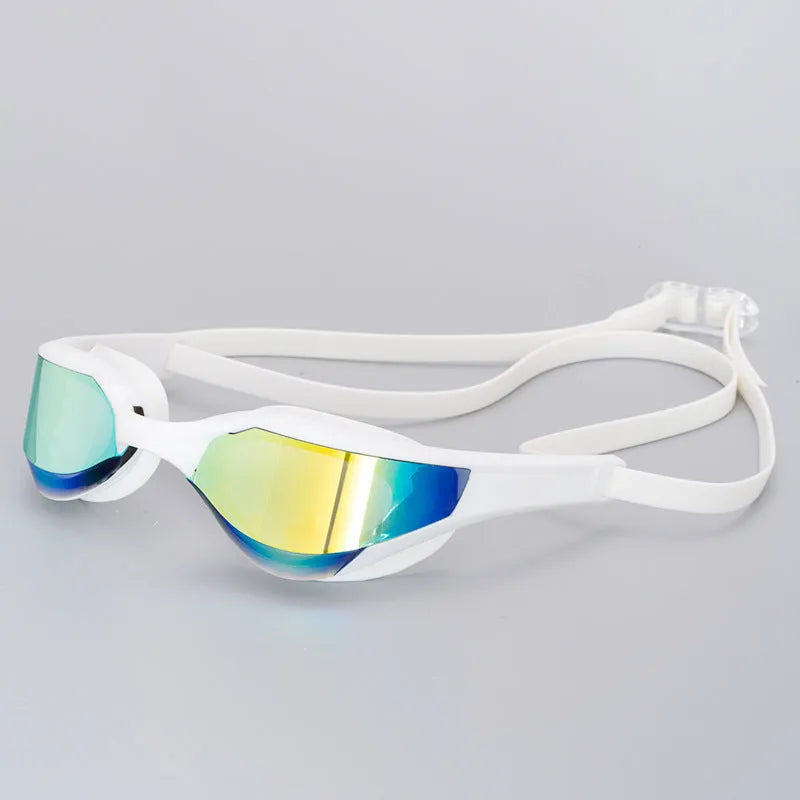 Black and gold plated anti-fog racing swimming goggles with polycarbonate frame on a blue background.