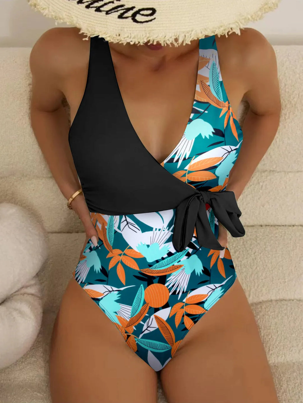 Women's high-waist one-piece bikini swimsuit with printed pattern design