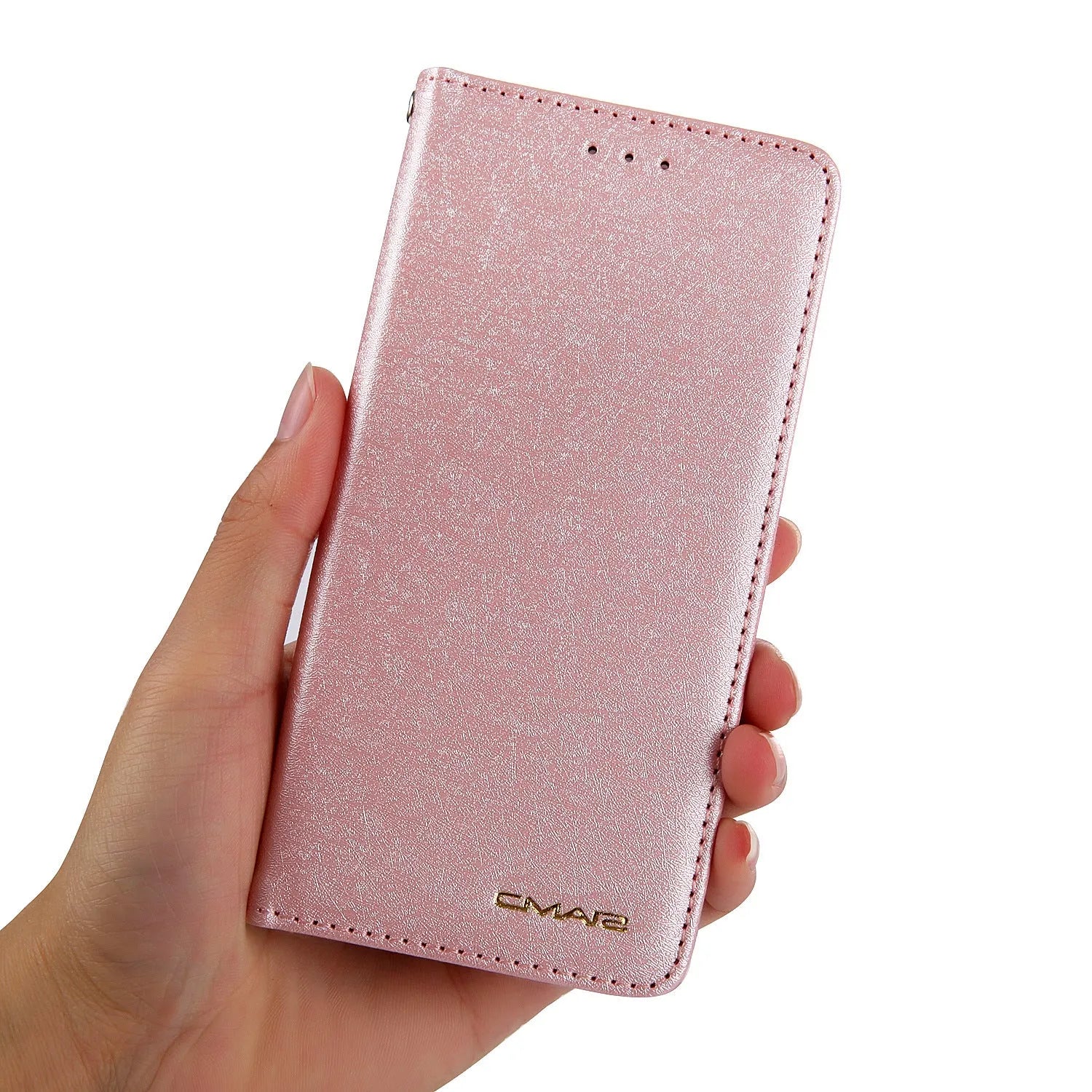 PU leather flip phone case in rose gold colour, shown open next to an iPhone, highlighting the interior card slot.