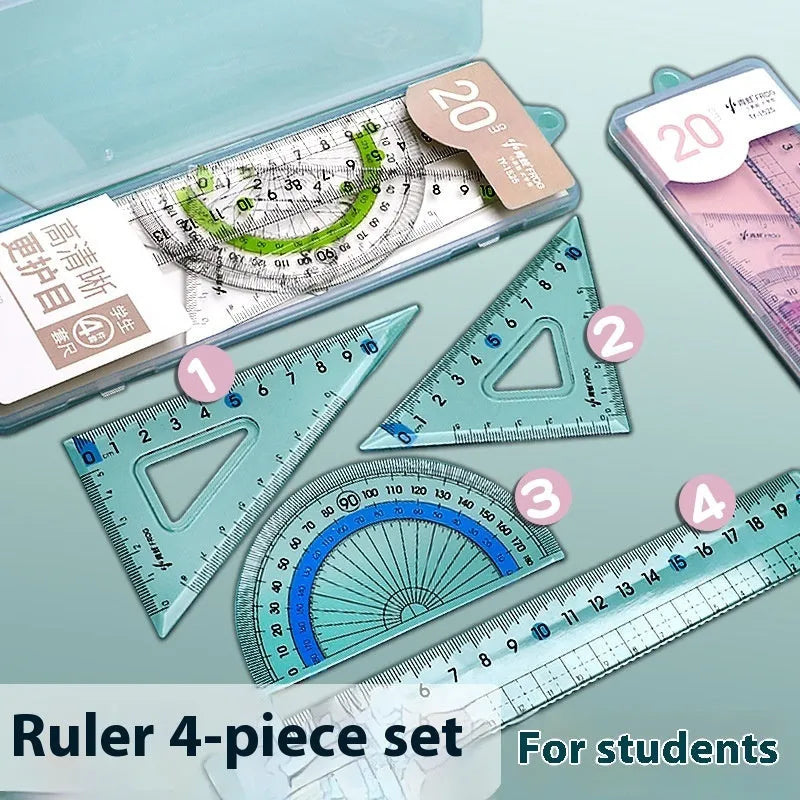 Youpai transparent acrylic ruler set with square and protractor on lined paper.