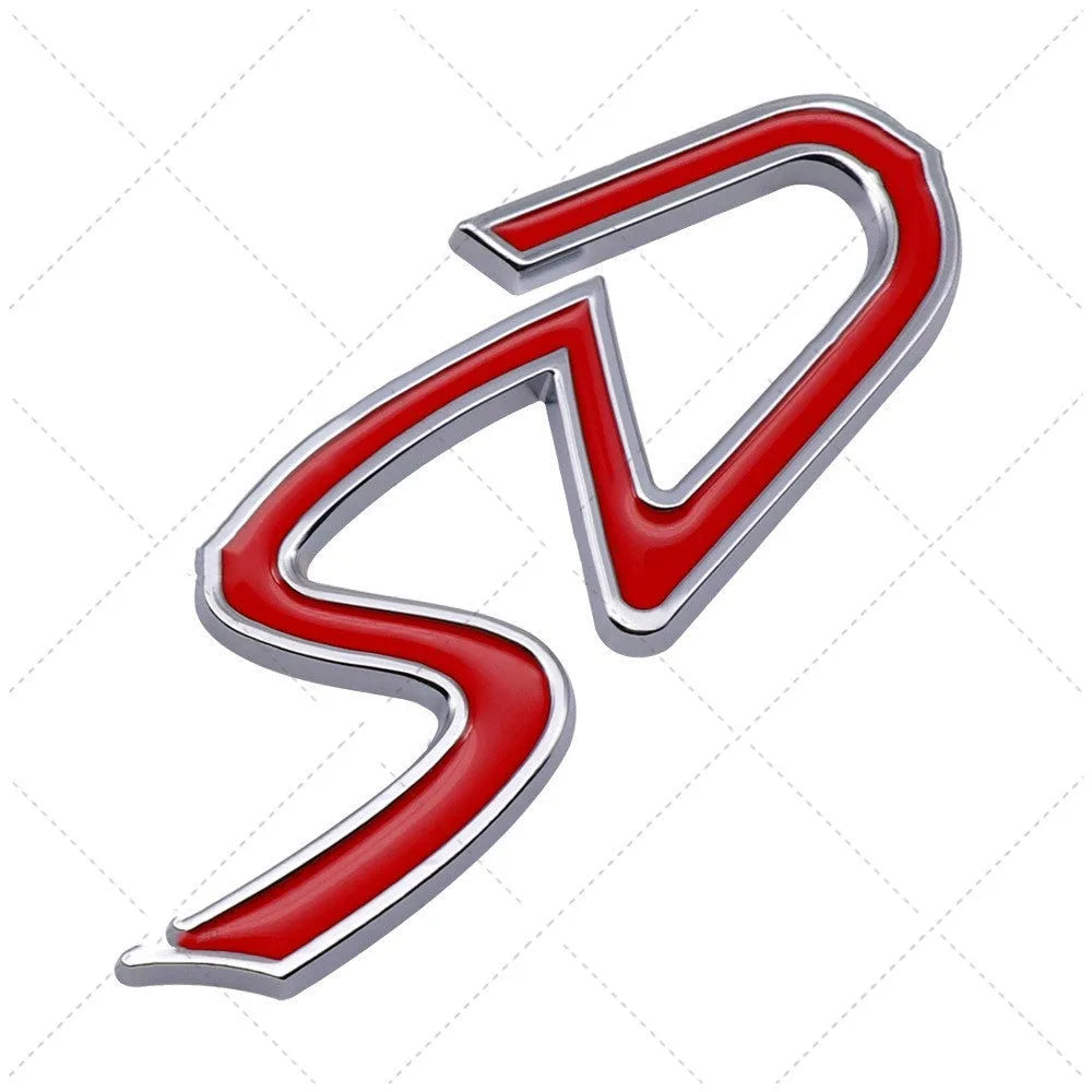 Metal SD logo car bumper sticker in red and silver colour scheme measuring 7.7cm wide