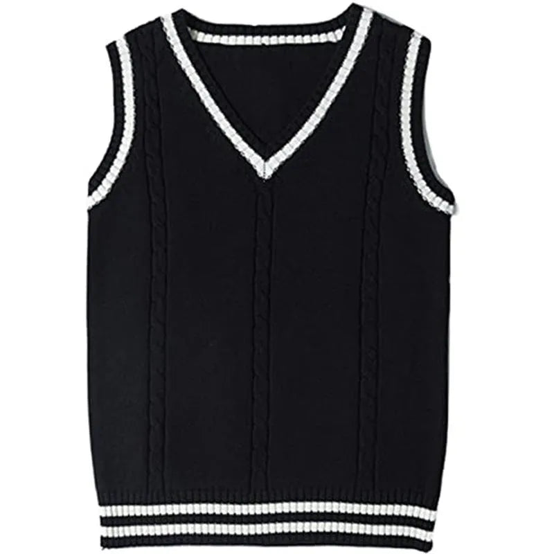 Women's slim fit black acrylic V-neck waistcoat sweater with white striped stitching detail.