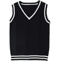 Women's slim fit black acrylic V-neck waistcoat sweater with white striped stitching detail.