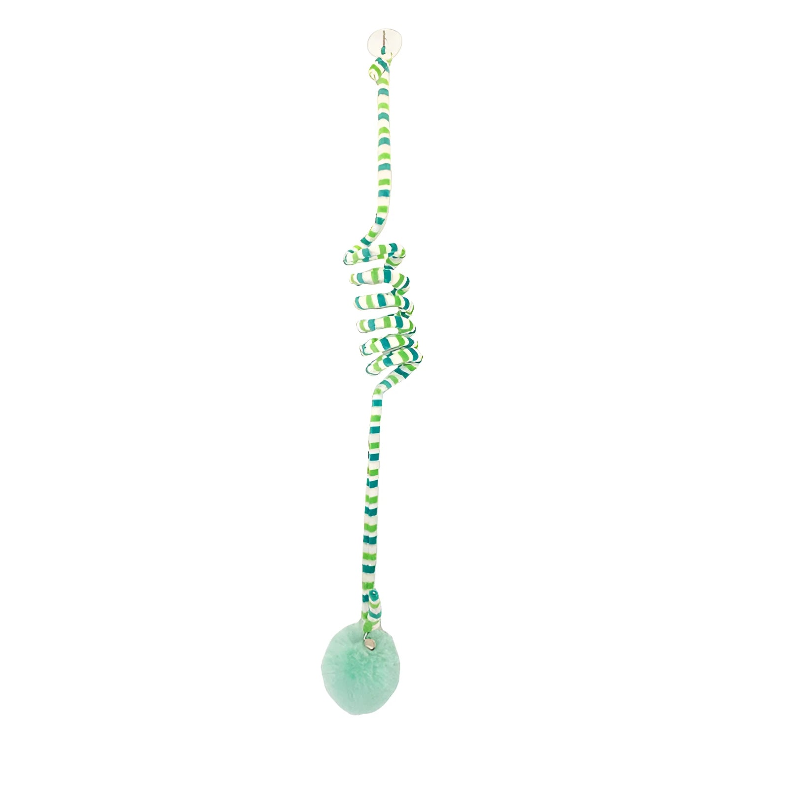 Kitten playing with a spring-mounted hanging ball toy attached to a door by a suction cup.