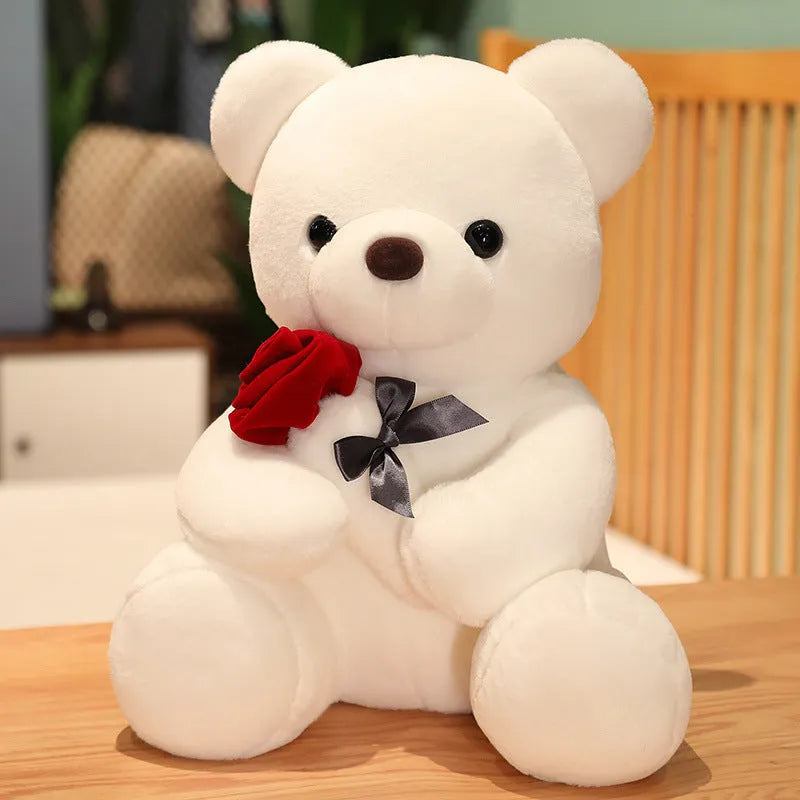 Rose bear plush teddy doll in beige, brown, or grey with soft short plush fabric