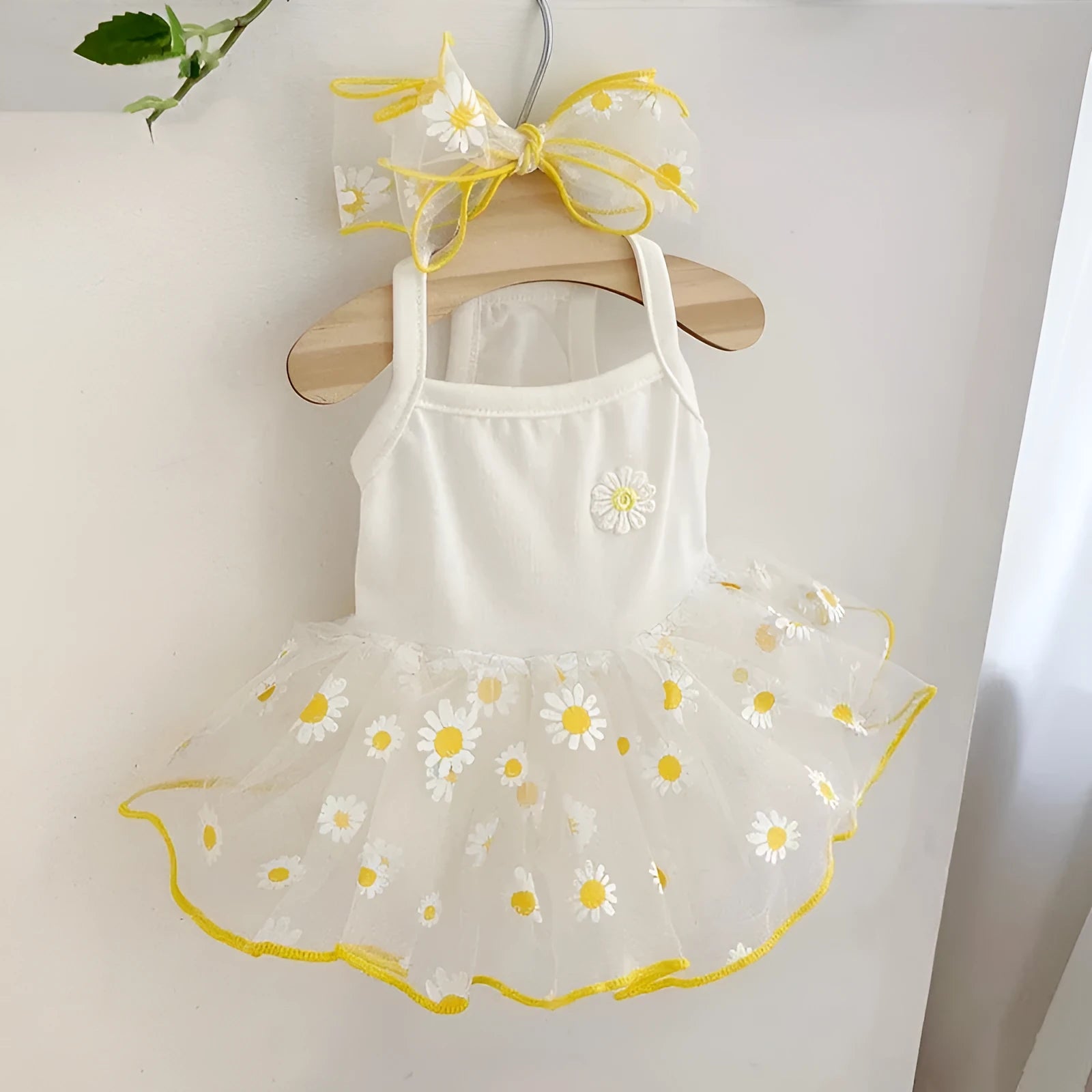 Yellow daisy print dog clothes for summer in lightweight polyester fabric