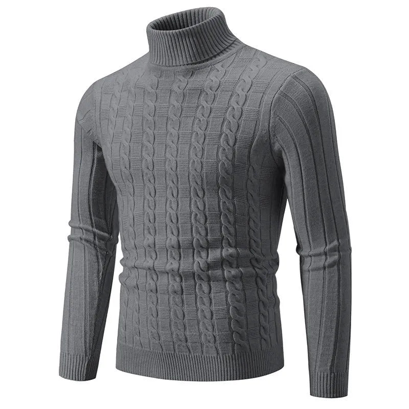 Men's slim fit chenille turtleneck pullover sweater in neutral colour on hanger