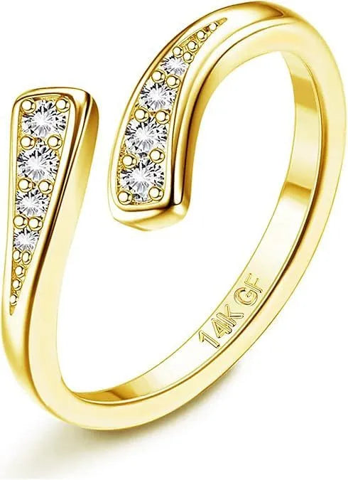 Geometric alloy toe ring with 14K gold plating and rhinestone or water drop accents