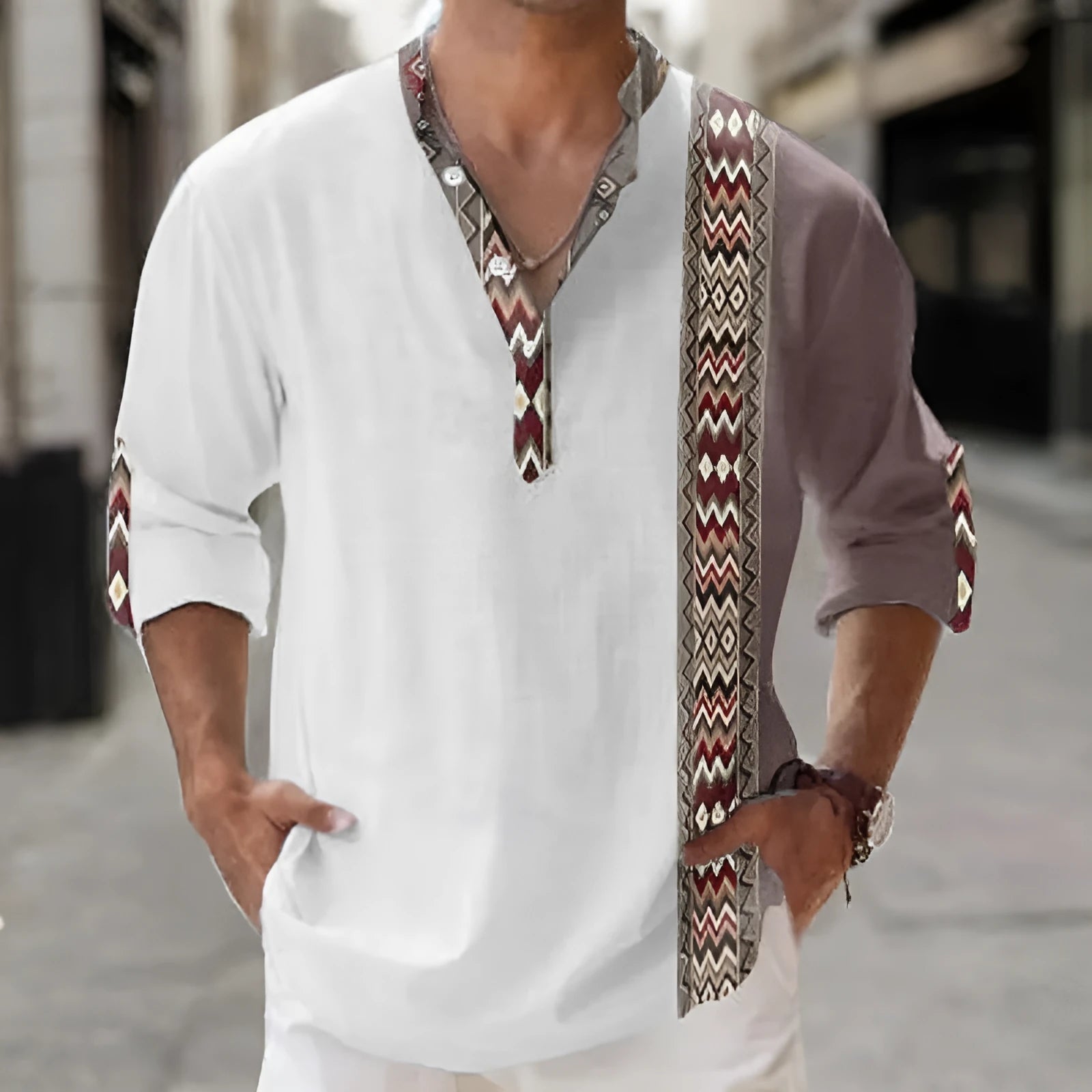 Thin casual digital bamboo linen Hawaiian long sleeve shirt with striped pattern in cardigan style