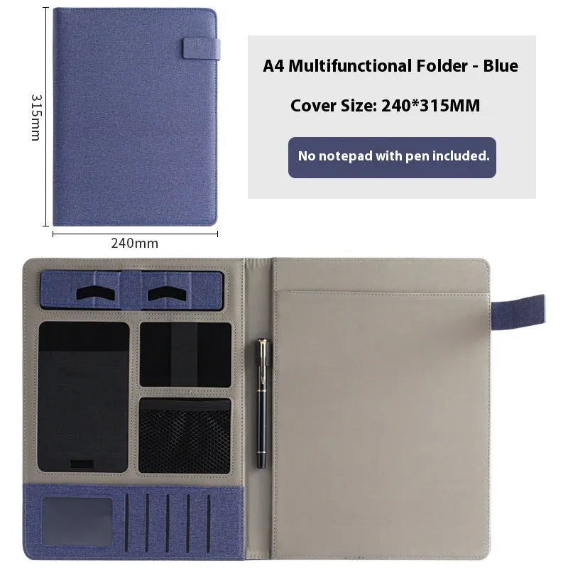 Black leather A4 business folder holding documents, with pen and notepad accessory options.